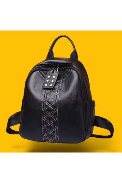 Lucmark women's backpack – leather, stitched detail, 24 x 12 x 28 cm, black