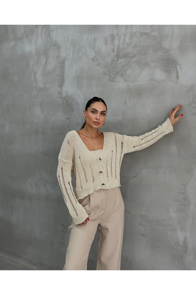 Nokta Premium Quality Cream Lace-Like Knit Cardigan