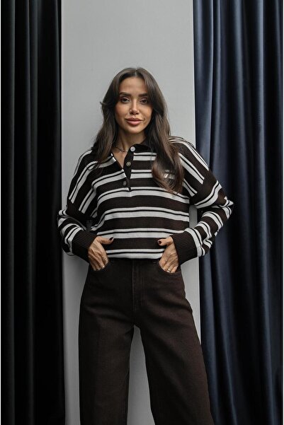 Havoş Καφέ κρεμ ριγέ πουλόβερ με λαιμόκοψη πόλο