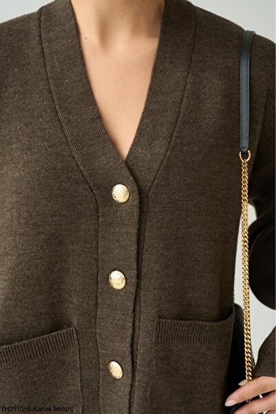 CADDELAMODA Women's V-Neck Gold Buttoned Cardigan with Pockets