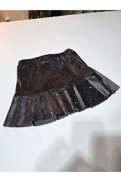 Şimo Butik Girl's French Velvet Flounce Skirt Short Mini with Pearls and Stones Elastic Waist Anthracite