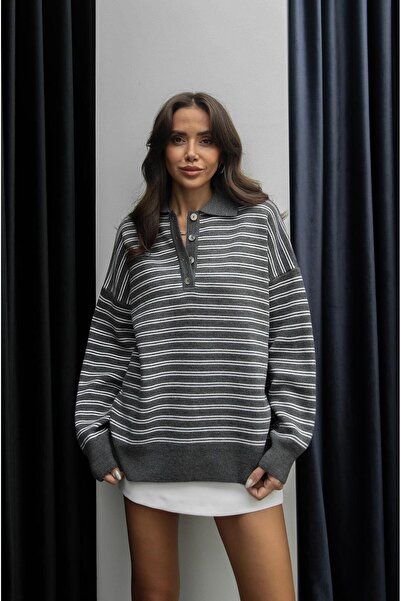 Havoş Πουλόβερ με ριγέ κρεμ ανθρακί γιακά πόλο