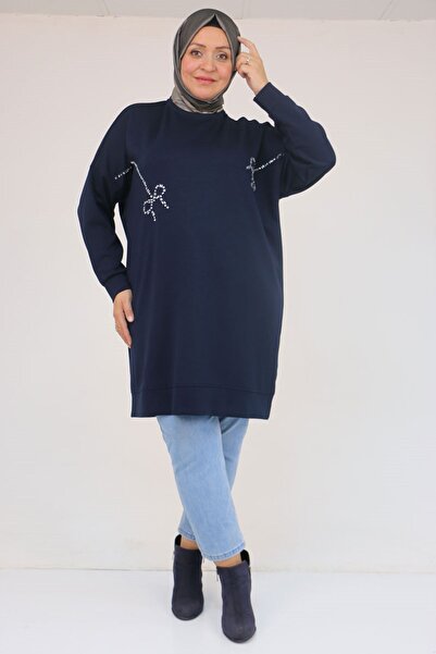 Eslina 58165 Plus Size Modal Tunic with Stone Print Detail - Navy Blue