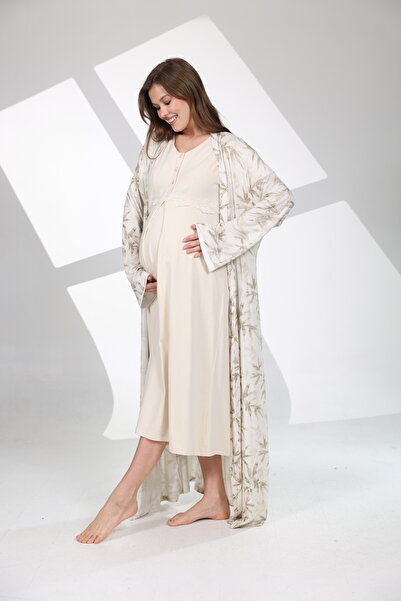 Nisy Collection Desenli Sabahlıklı Lohusa Gecelik Takımı