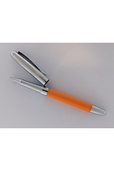 Ecada Stilou metalic Ecada, corp imbracat in piele portocaliu si capac argint...