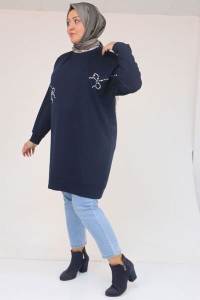 Eslina 58165 Μοντάλ τουνίκ με λεπτομέρεια εκτύπωσης με πέτρα μεγάλου μεγέθους - Σκούρο μπλε