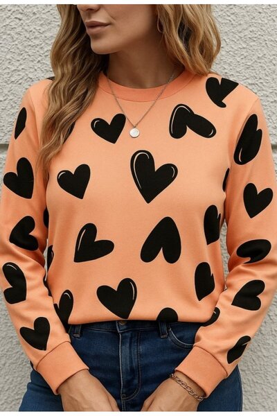 buğrahayalin Women's Long Sleeve Crew Neck Heart Print Two Thread Blouse