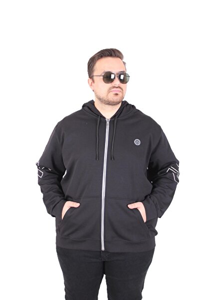MocGrande Large Size Hooded Zippered Sweat Double Face Ossi 25705 Black
