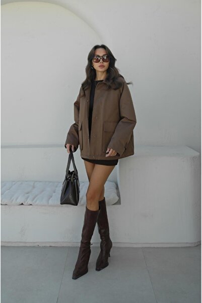 Havoş Açık Kahve Önü Çıtçıtlı Kadife Yaka Mont