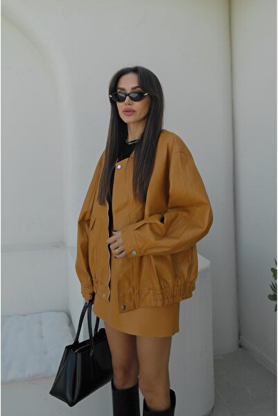 Havoş Mustard Metal Button Leather Jacket