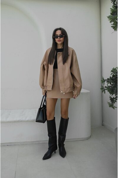 Havoş Beige Metal Button Leather Jacket