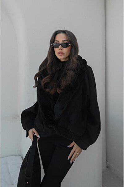 Havoş Black Plush Fur Collar Coat