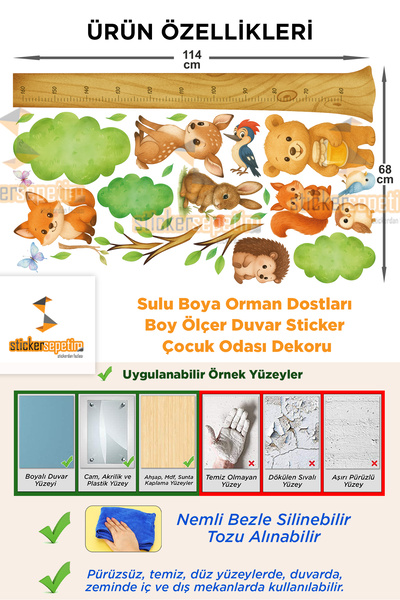 Sticker Sepetim Watercolor Forest Friends XL Height Chart Wall Sticker – Children's Room Decor
