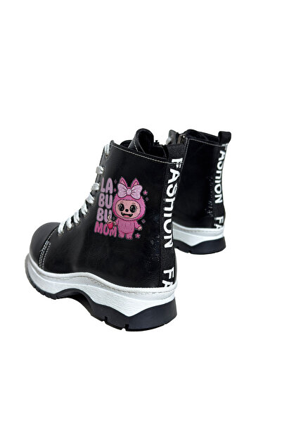 İzmir BDK Butik Labubu Printed Girls' Boots with Zipper and Lace-Up
