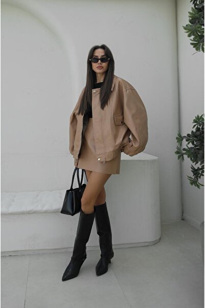 Havoş Beige Metal Button Leather Jacket