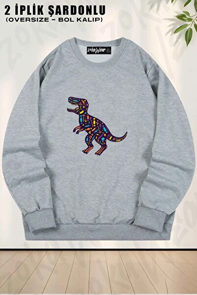 ZOKAWEAR Ilustrație unisex cu dinozaur cu imprimeu supradimensionat guler rot...