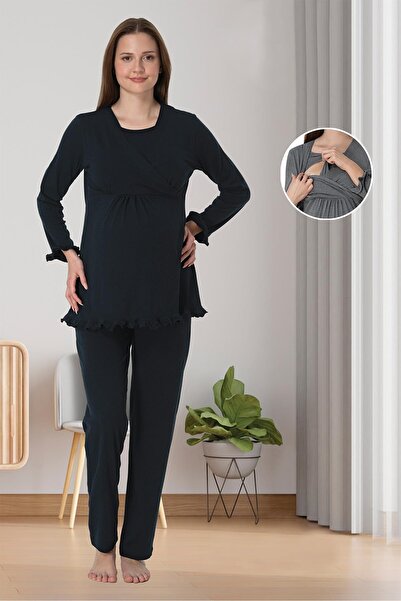 BLACKMORE Women's Navy Blue Double-Breasted Nursing-Friendly Cotton Maternity Pajama Set