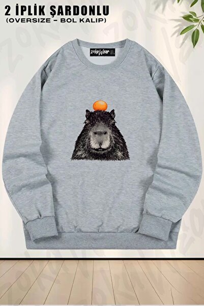 ZOKAWEAR Capibara unisex portocaliu cu cu imprimeu supradimensionat guler rot...