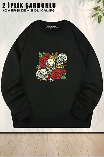 ZOKAWEAR Unisex Craniu Trandafir Plantă cu imprimeu supradimensionat guler ro...