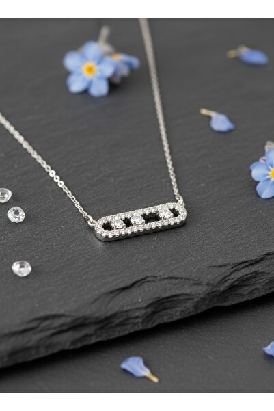 Daynav Üç Taşlı Bar Kolye Zirkon Pırlanta Görünümlü Gümüş Rengi Paslanmaz Çel...