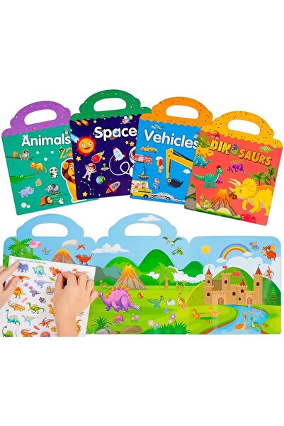 Mumoo bear Reusable Sticker Books - 4 Pack (Animals, Space, Vehicles, Dinosaurs) - Educational Stick