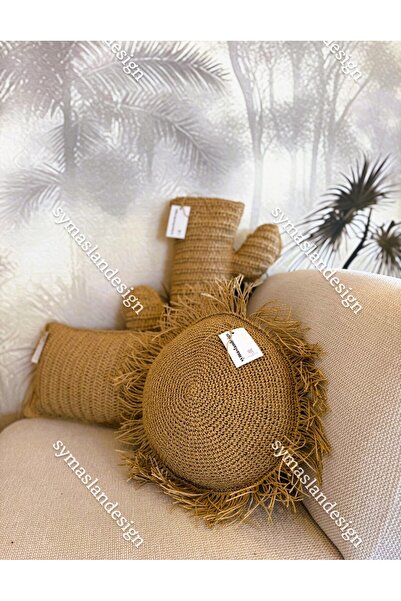 symaslandesign Hasır kırlent, bohem yastık , el örgüsü dolgulu kırlent,saçaklı yuvarlak yastık