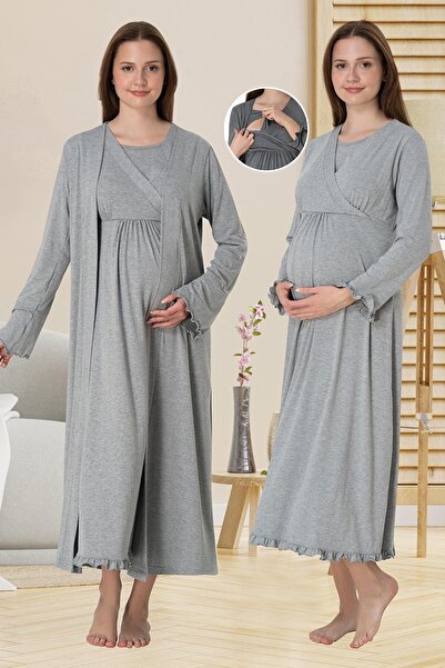 BLACKMORE Women's Gray Double-Breasted Nursing-Friendly Cotton Maternity Nightgown-Dressing Gown Set of 2