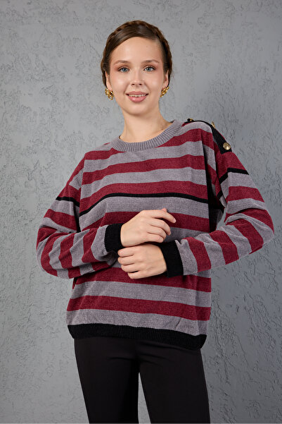 Moda Days Women's Gray-Burgundy Striped Chenille Velvet Crew Neck Knit Sweater with Button Detail on the Shoulder