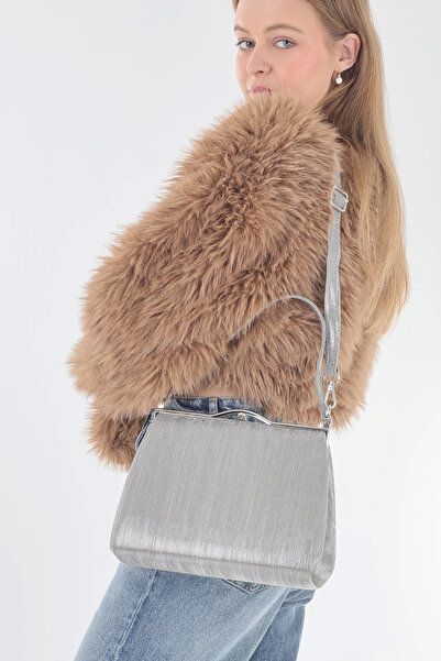 By EDUU Plastered Silver Fabric Large Shoulder Evening Bag Suitable for Day and Night Use Large Case Evening Bag