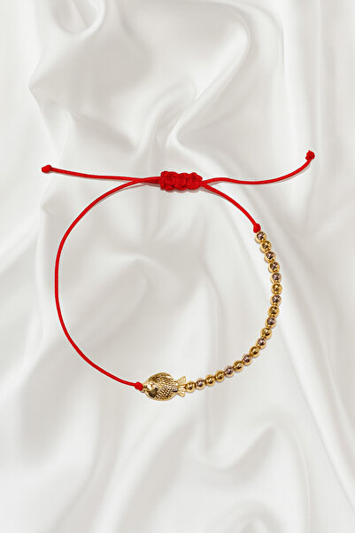 Femenino Yarısı Kırmızı İp Yarısı Gold Top Boncuklu Balık Şans Bilekliği – Ay...