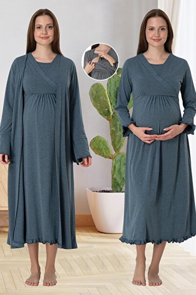 BLACKMORE طقم ملابس نوم للحوامل من القطن الأنثراسايت بأزرار على الجهتين للنسا...