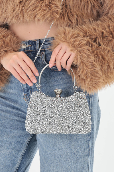 By EDUU Stone Detailed Handle and Strap Stone Covered Silver Evening Dress Bag