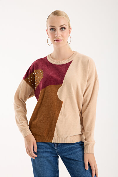 Moda Days Women's Cream Chenille Velvet Color Block Stone Detailed Crew Neck Knitwear Sweater