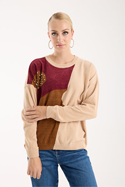 Moda Days Women's Cream Chenille Velvet Color Block Stone Detailed Crew Neck Knitwear Sweater