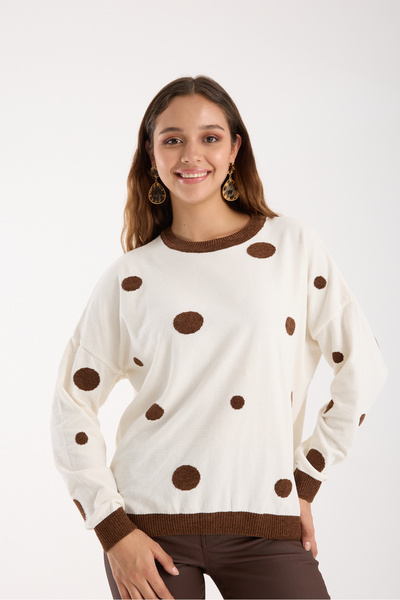 Moda Days Women's White Polka Dot Chenille Velvet Crew Neck Knitwear Sweater