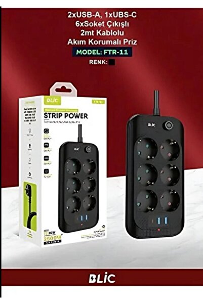 NOVAREX Global NOVAREXGlobal FTR-11 6’lı Akım Korumalı Priz | 2 USB + 1 Type-C Çıkış | 2m Kablo