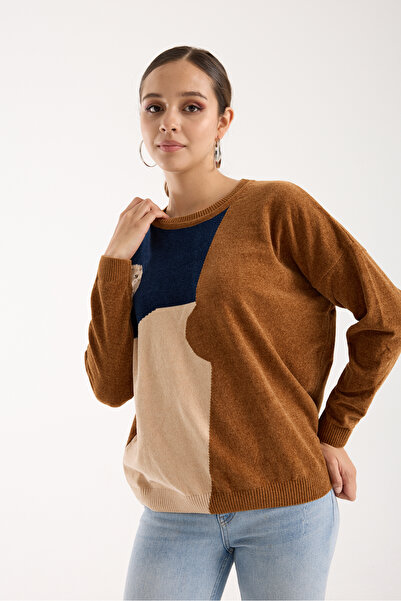 Moda Days Women's Tan Chenille Velvet Color Block Stone Detailed Crew Neck Knitwear Sweater