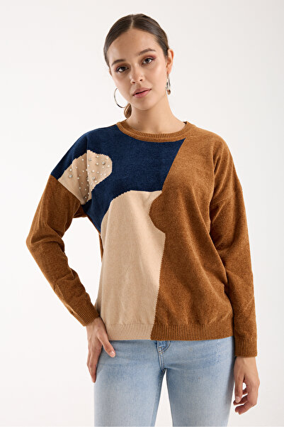 Moda Days Women's Tan Chenille Velvet Color Block Stone Detailed Crew Neck Knitwear Sweater