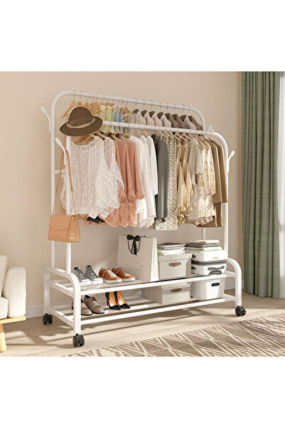 Topone1Topone1 علاقة ملابس معدنية بيضاء مع عجلات، رف محمول ومجموعة خطاف، علاقة متعددة الوظائف