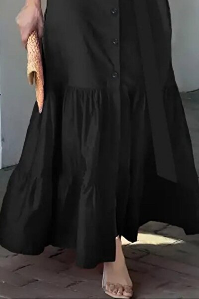 Mossta Μακρυμάνικο πουκάμισο με γιακά με κουμπιά και μακρύ φόρεμα με ζώνη - Μαύρο