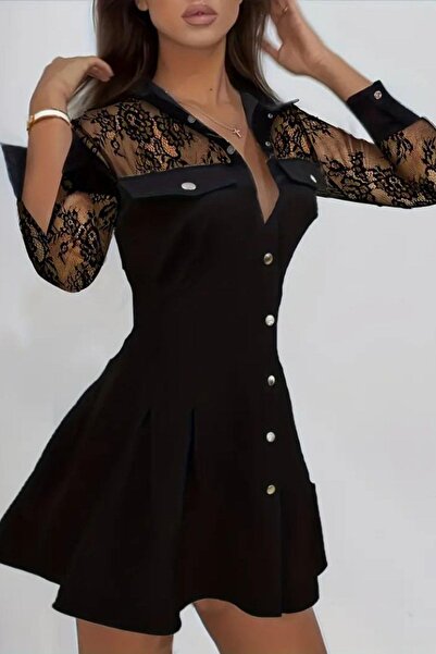 Mossta Önden Düğmeli Cepli Mini Modal Elbise - Siyah