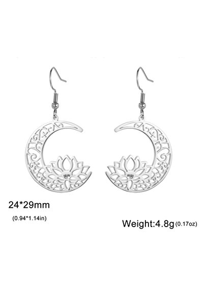 Choice A steel color Hollow Crescent Lotus Pendant Earrings Stainless Steel Ladies' Flower Charm Yoga Buddh