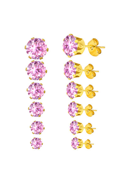 Choice pink gold LUXUSTEEL 6Pairs/Set CZ Stud Earrings Stainless Steel Round White Cubic Zirconia Hypoaller