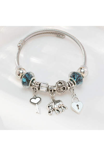 Choice 80523501-Blue 1PC Women's Fashion Pan Family Multi Element Beaded Elephant Key Bracelet Date Travel