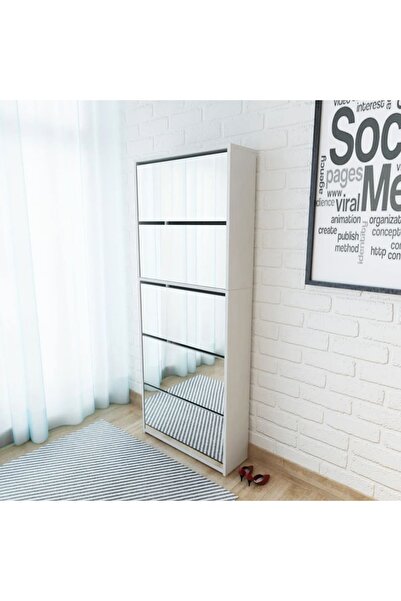 vidaxl خزانة أحذية بخمس طبقات مع مرآة باللون الأبيض 63x17x169.5 سم