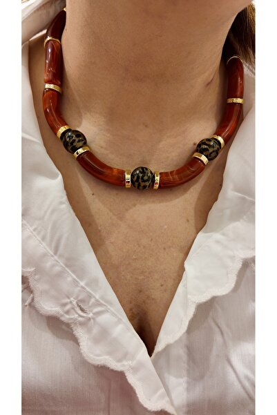 By Selen Suyolcu Kemik Leopar Desenli Gold Detaylı Kadın Kolye