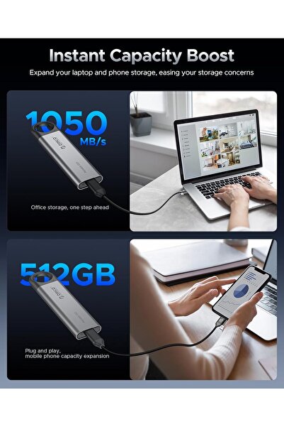 Orico 512GB External SSD Up to 1050MB/s, Hanging Hole Design, USB C&A 2-in-1 Cable - C10