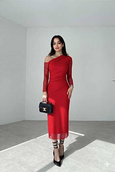 ALFUDO Moda Collection Kadın Siyah Hakim Yaka Gümüş Puantiye Detay Transparan Tül Kollu Astarlı Drapeli Midi Abiye Elbise