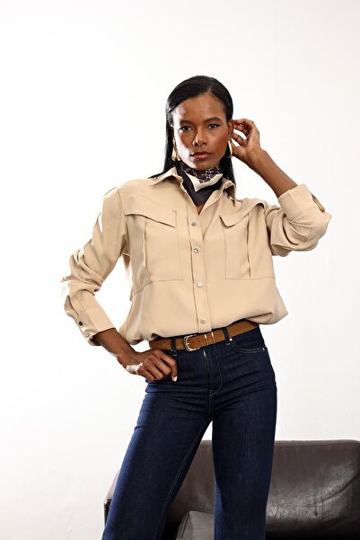 5in1Canpolat Μακρύ πουκάμισο με λεπτομέρεια τσέπης Camel 0662