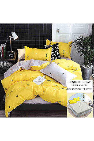 Patul Lenjerie de Pat, Bumbac Satinat, Pat Single, 1 Persoana, 4 Piese, Cearceaf cu elastic